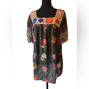 Johnny Was Multicolor Floral Blouse with Crochet Detail